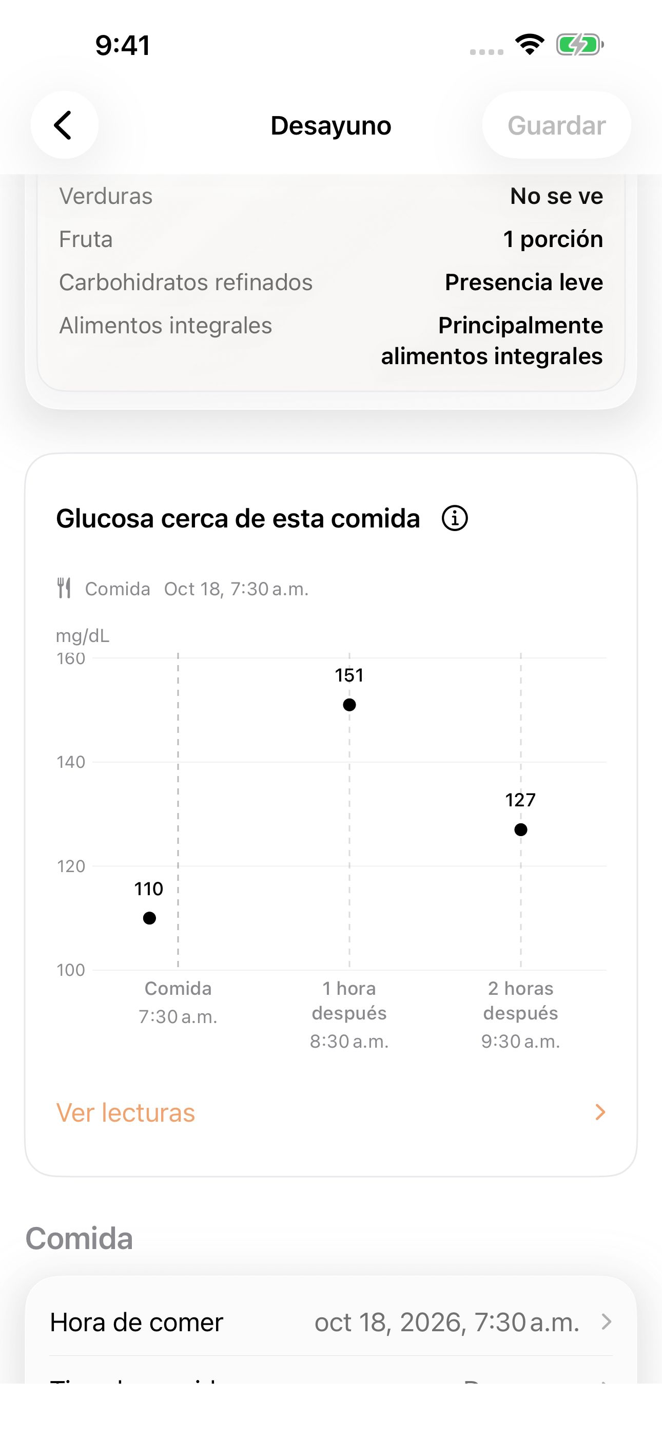 Lecturas registradas de la misma comida: 92, 117 y 101 mg/dL.