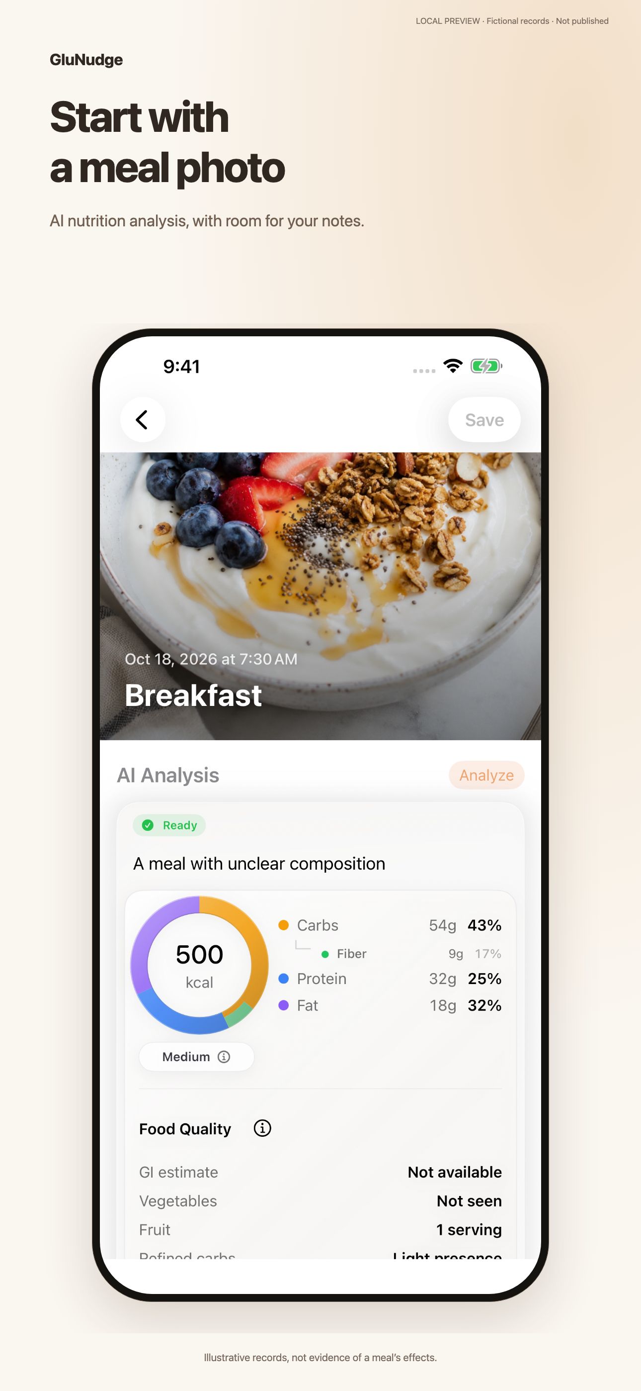 Start with a meal photo. AI nutrition analysis, with room for your notes.