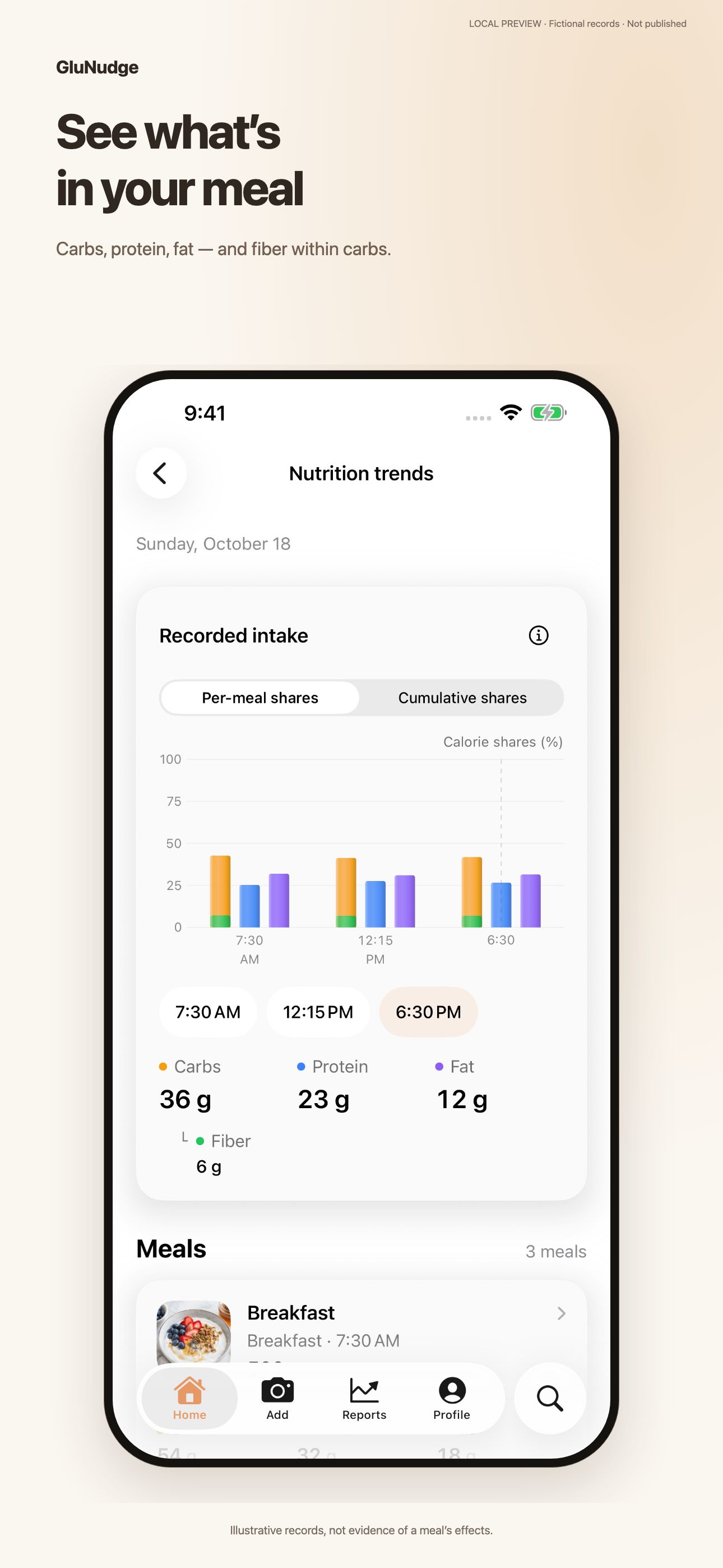 See what’s in your meal. Carbs, protein, fat — and fiber within carbs.