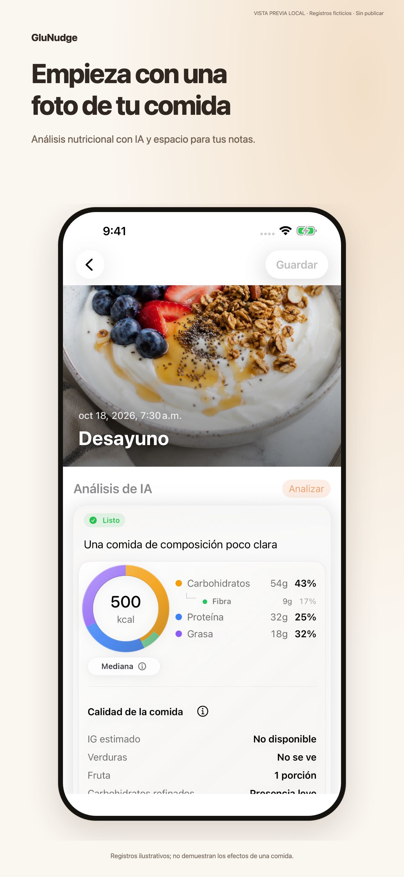 Empieza con una foto de tu comida. Análisis nutricional con IA y espacio para tus notas.