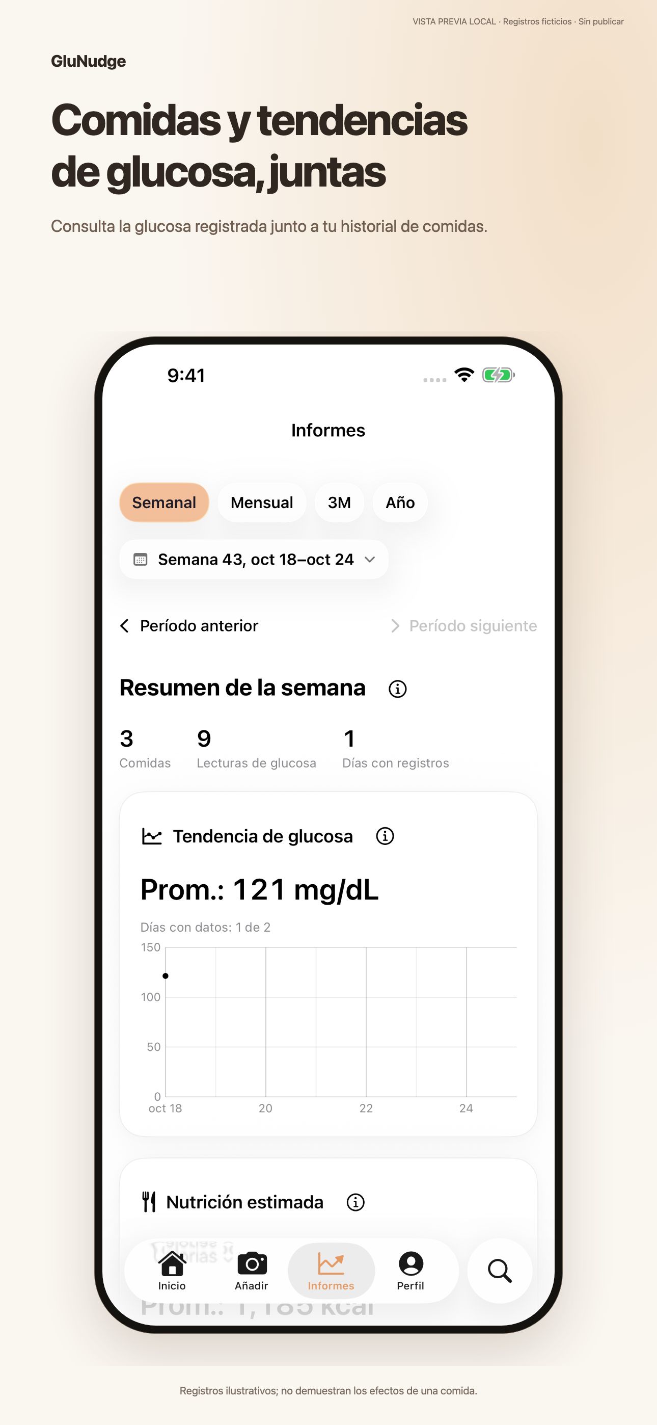 Comidas y tendencias de glucosa, juntas. Consulta la glucosa registrada junto a tu historial de comidas.