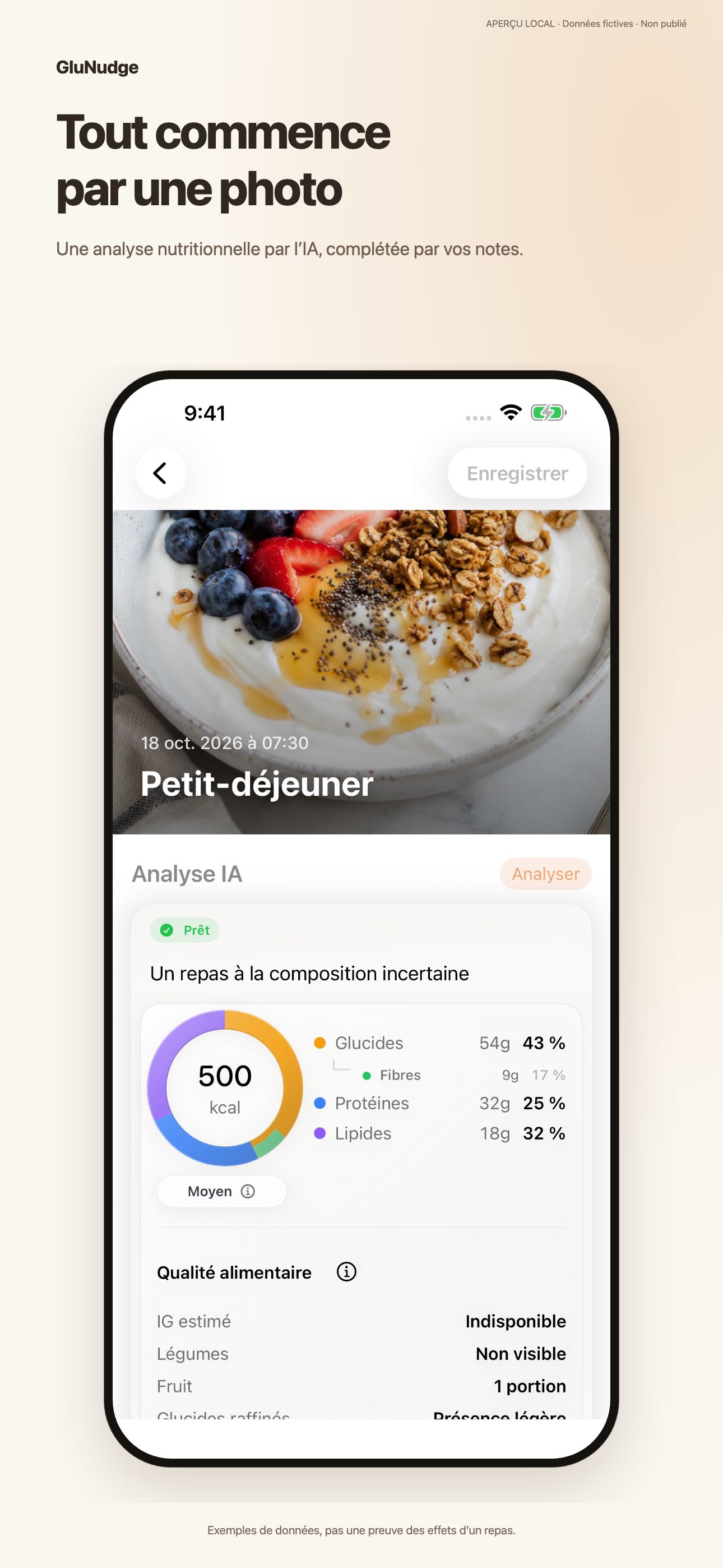 Tout commence par une photo. Une analyse nutritionnelle par l’IA, complétée par vos notes.