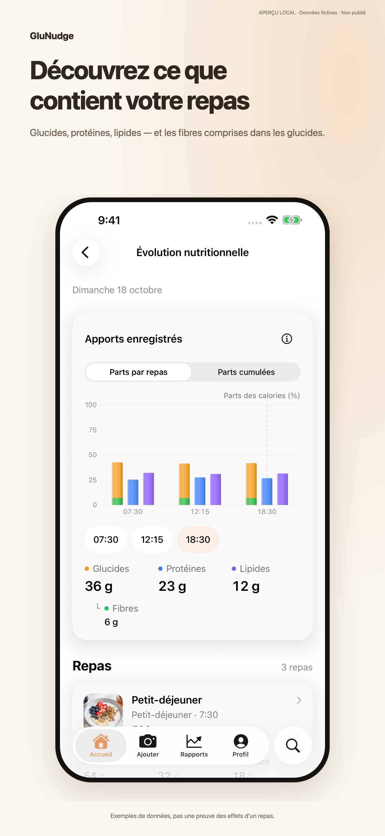 Découvrez ce que contient votre repas. Glucides, protéines, lipides — et les fibres comprises dans les glucides.