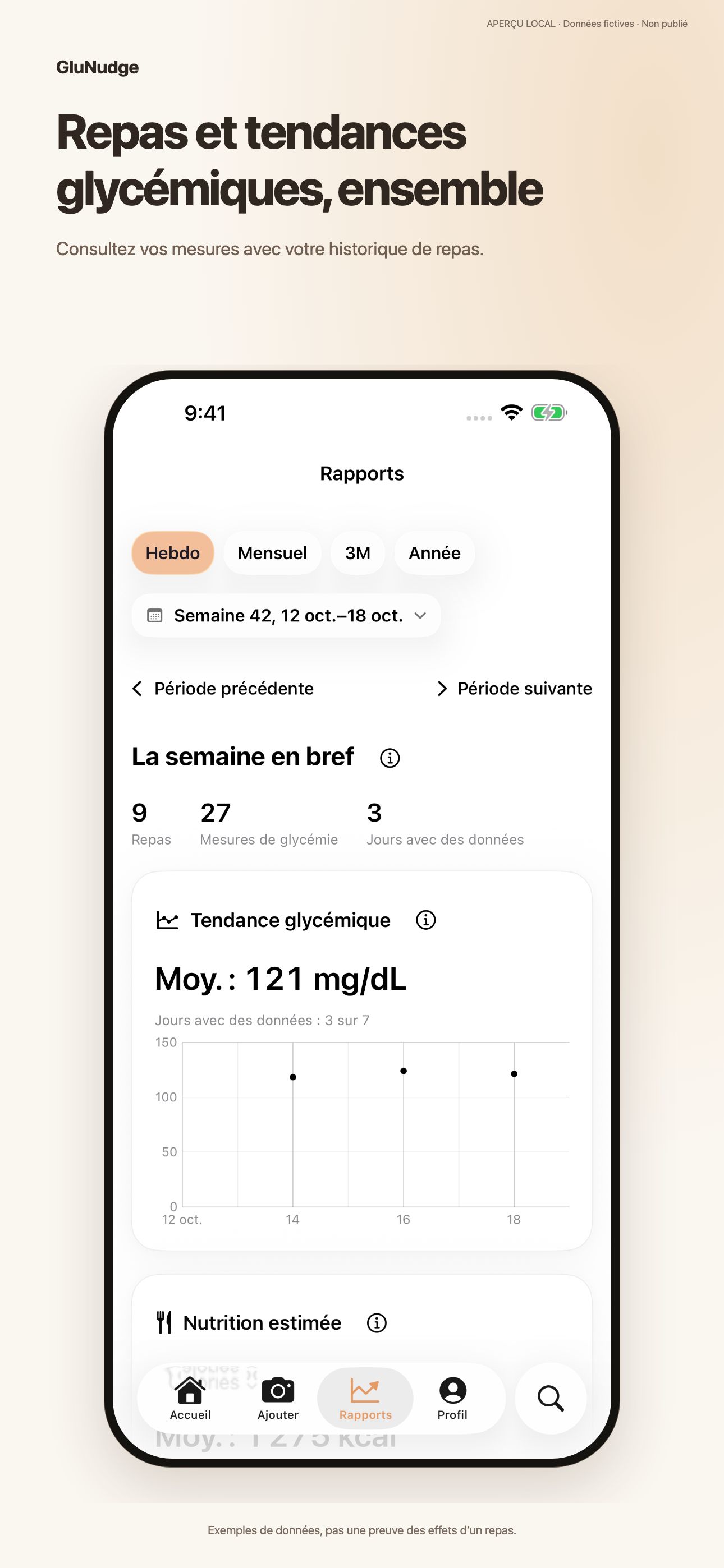 Repas et tendances glycémiques, ensemble. Consultez vos mesures avec votre historique de repas.