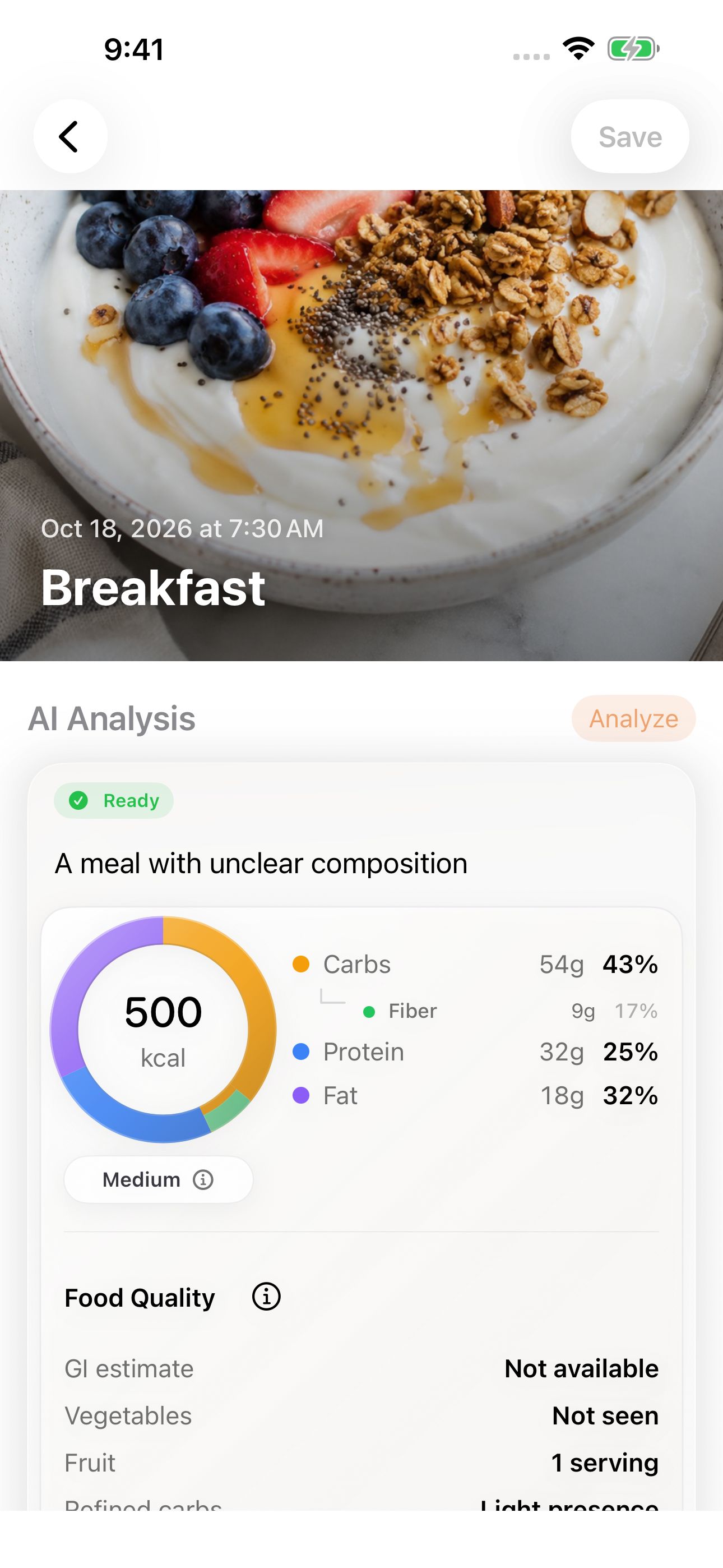 Breakfast photo and estimated nutrition, paired with its recorded glucose readings.