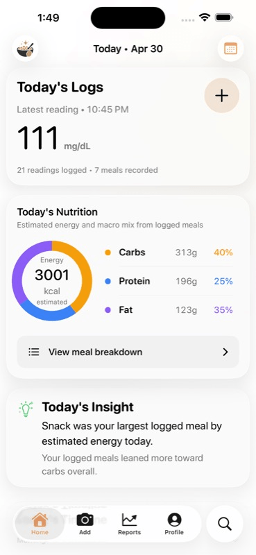 GluAI iPhone app home screen showing meal logs, nutrition estimates, and a daily summary.